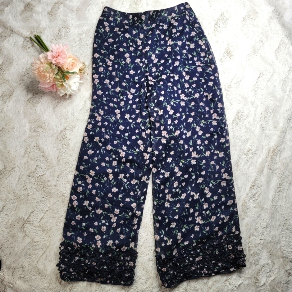 Cl Foxiedox Carolina Navy Blue Ditsy Flower Print Wide Leg Pants Nwt Size 4